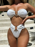 Luxury Metal Designer High Waist Bikinis Sets Women Solid White Black Bandeau Push Up Swimwear 2026 Bathing Suit Thong Swimsuit