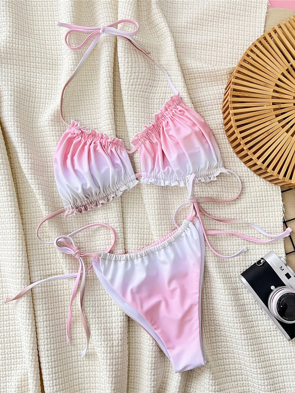 2025 Ruffled Frilled Gradient Halter Bikini Women Swimwear Female Swimsuit Two-pieces Bikini set Bather Bathing Suit Swim K5539