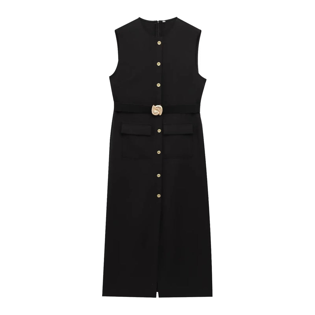 HH 2025 Women's Fashion Office Long Dress With Belt Spring O-Neck Sleeveless Midi Dress Female Elegant Party Dresses