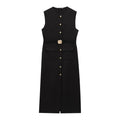 HH 2025 Women's Fashion Office Long Dress With Belt Spring O-Neck Sleeveless Midi Dress Female Elegant Party Dresses