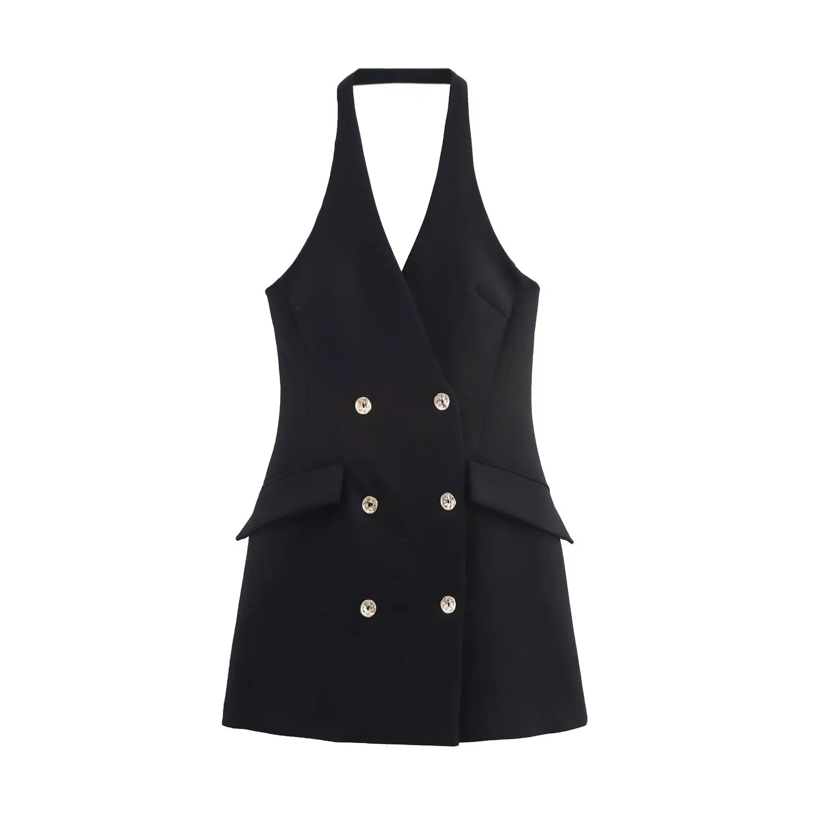HH Female Sexy Mini Dress Grey Turn-Down Collar Sleeveless Backless Double Breasted Summer A-Line Dresses Woman New Trendy