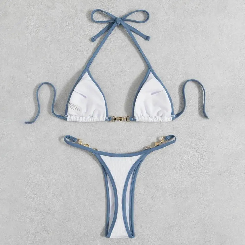 2Pcs/Set Sexy Micro Bikini 2022 Chain Swimsuit Halter Wire Free Faux Pearl Bikini Set traje de baño mujer бикини