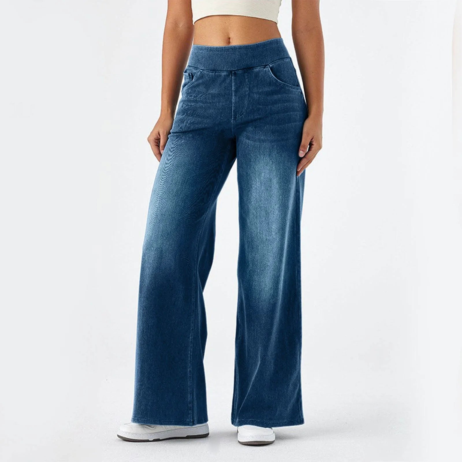 Baggy Jeans Women Pull On Wide Leg Jeans With Elastic Waistband High Waist Stretch Wide Leg Jeans Women With 4 Pockets