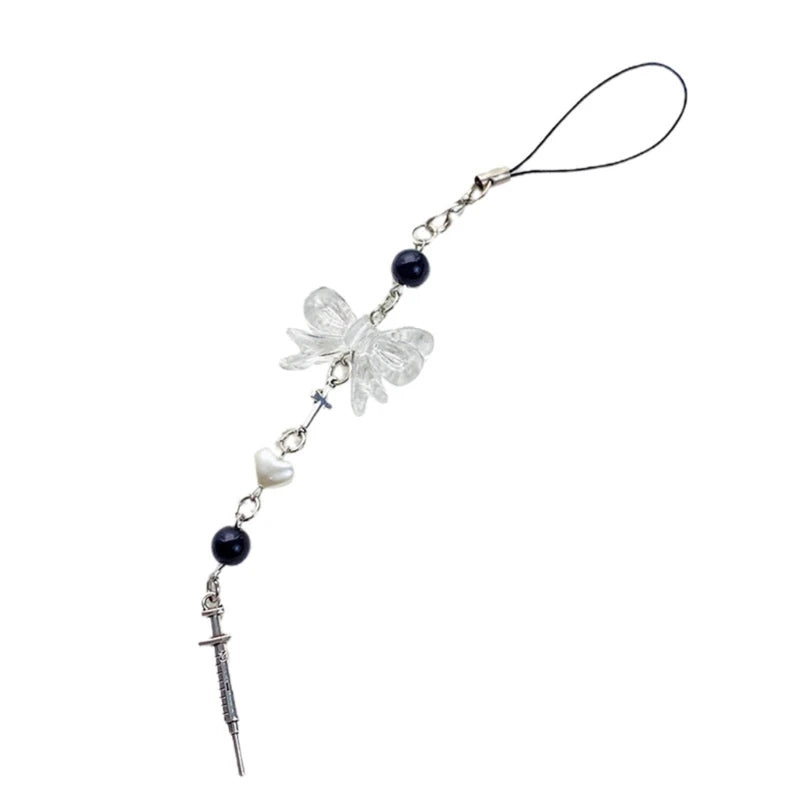 Phone Charm Strap Y2K Keychain Kawaii-Cute Pendant Jewelry Keyring Lanyard String Black Cross-Bow Beaded Chain for Women Girl
