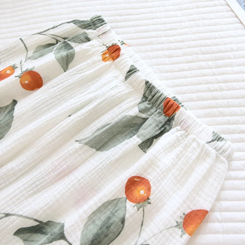 Kimono Half Sleeve Robes with Long Pants 2 Pcs Cotton Printed Sleepwear Clothes for Women's Spring and Autumn Home Clothes