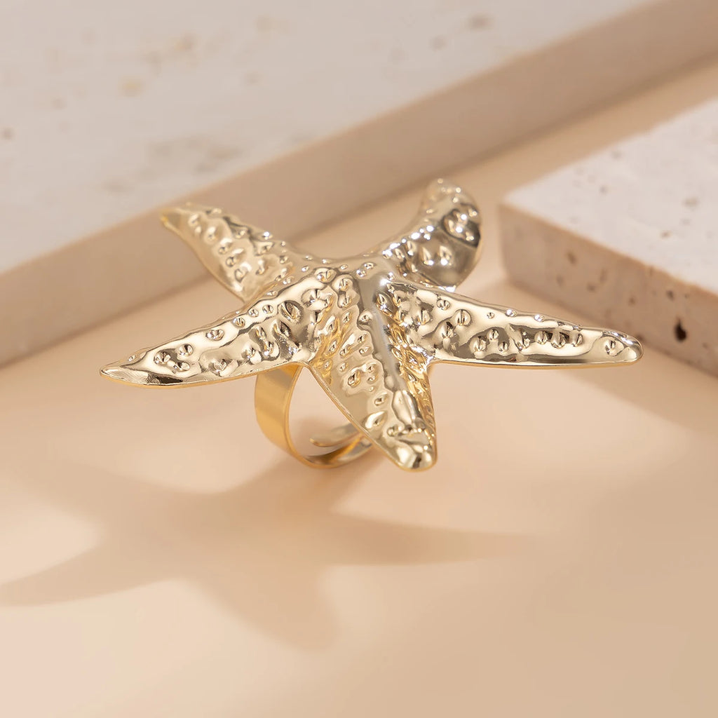 PuRui Trend Exaggerated Gold Color Big Starfish Conch Rings for Women Creative Punk Finger Ring Statement Party Banquet Jewelry