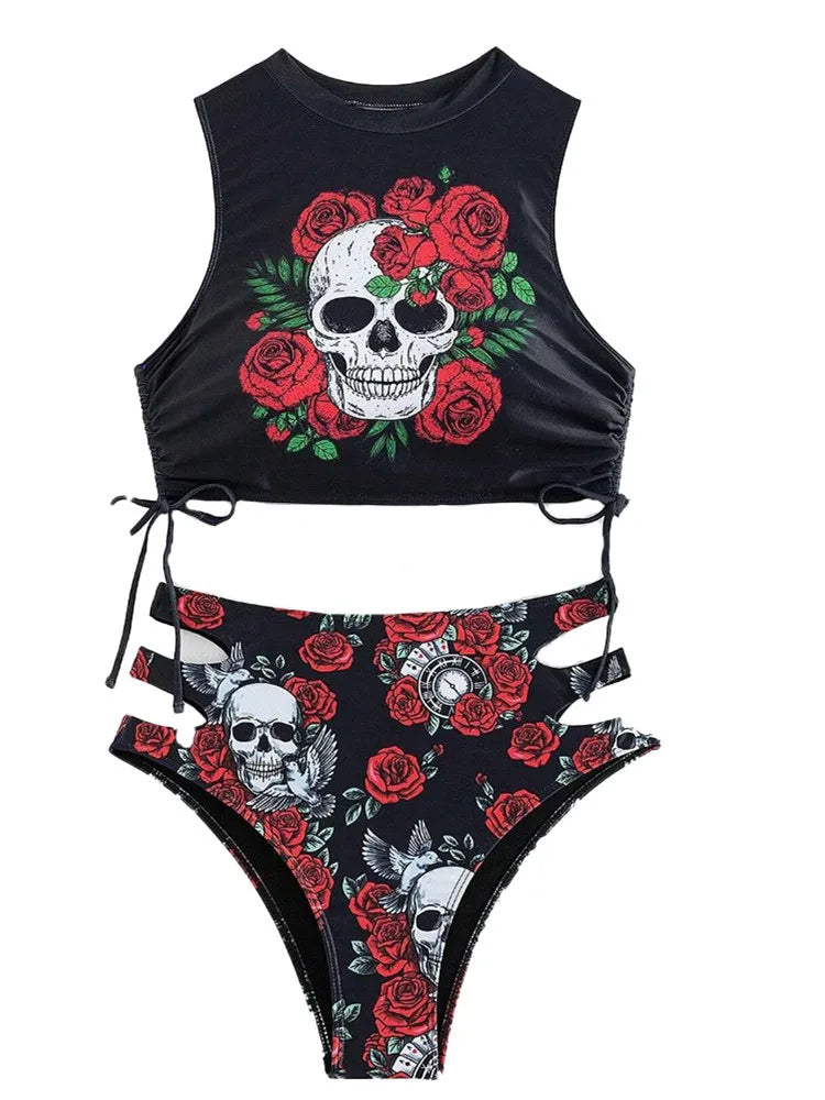 Sexy Skull Letter Print Bikini Set 2024 Women Black Push Up Crop Top Bandage Tie Side High Waist Swimsuit Bathing Suit Swimwear