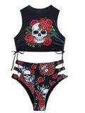 Sexy Skull Letter Print Bikini Set 2024 Women Black Push Up Crop Top Bandage Tie Side High Waist Swimsuit Bathing Suit Swimwear