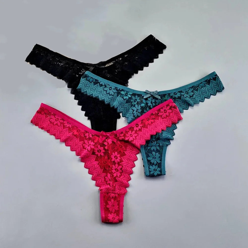3pcs Women Lace Thong Underwear Pack Transparent Mid-Waist Underpants Female Briefs Ruffles G-strings Plus Size