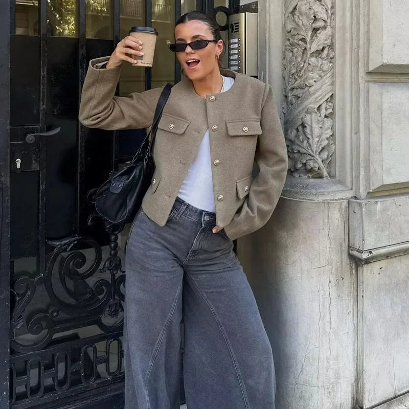 HXAO Woman Outerwears Autumn Long Sleeve Cropped Jacket For Women Winter Button Demi-Season Short Coats Elegant Women's Coat