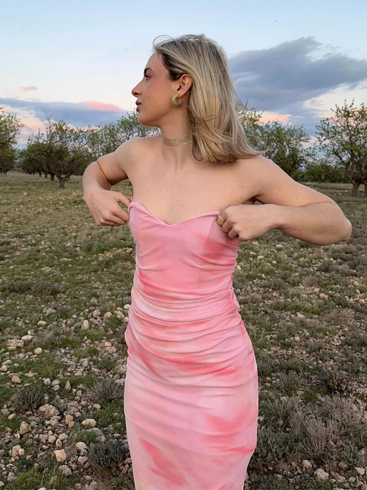 HH Women Summer Beach Style Dresses Strapless Sleeveless Pleated Zipper Female Printed Split Hem Tulle Backless Midi Dress