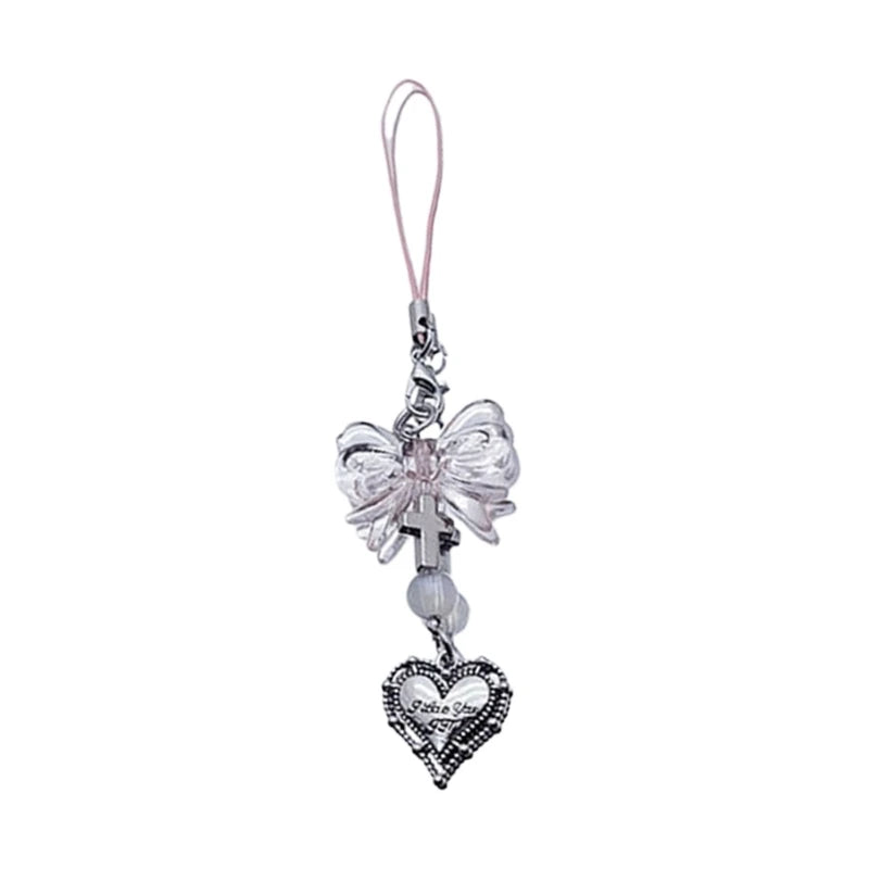 Phone Charm Strap Y2K Keychain Kawaii-Cute Pendant Jewelry Keyring Lanyard String Black Cross-Bow Beaded Chain for Women Girl