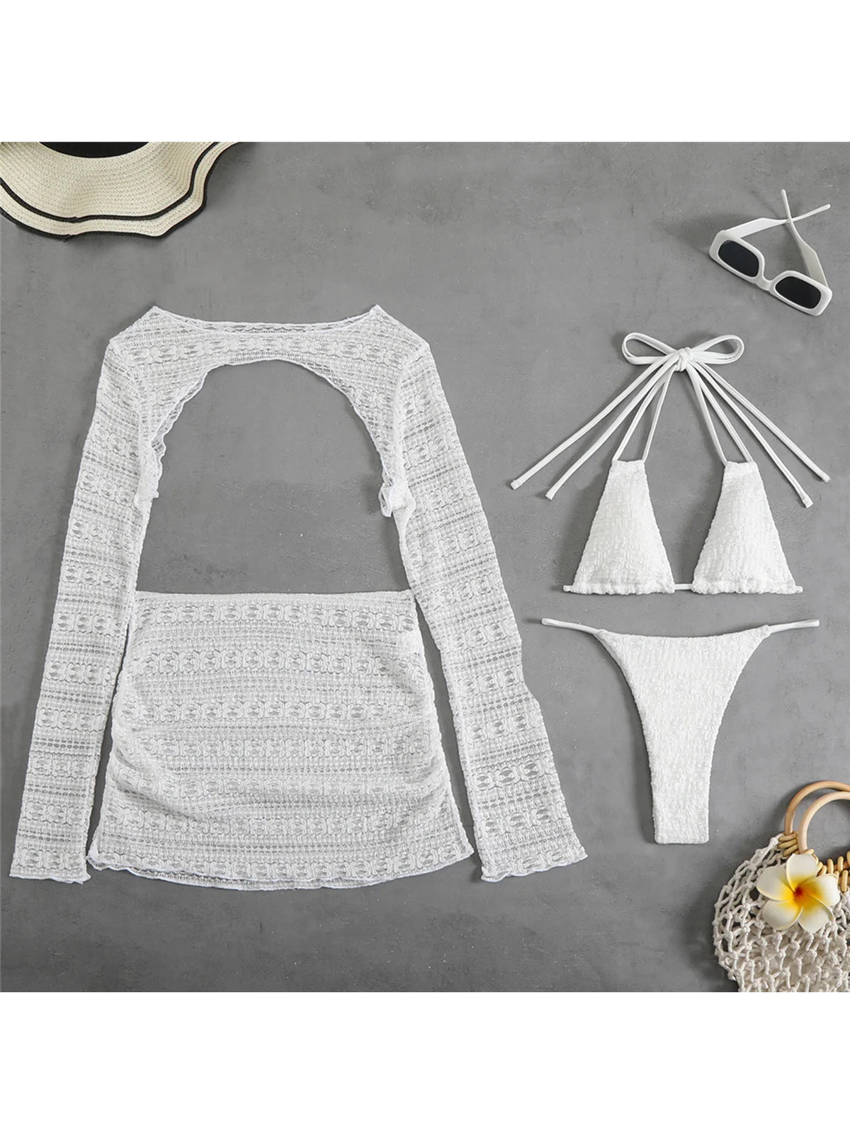 4PCS Halter With Skirt Long Sleeve Bikini Female Swimsuit Women Swimwear Four-pieces Bikini set Bather Bathing Suit Swim V6339