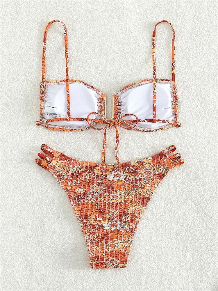 Sexy Pleate Micro Bikini Women U Neck Push Up Orange Floral Print Micro Swimsuit 2025 Summer Bathing Suit Lace Up Thong Swimwear