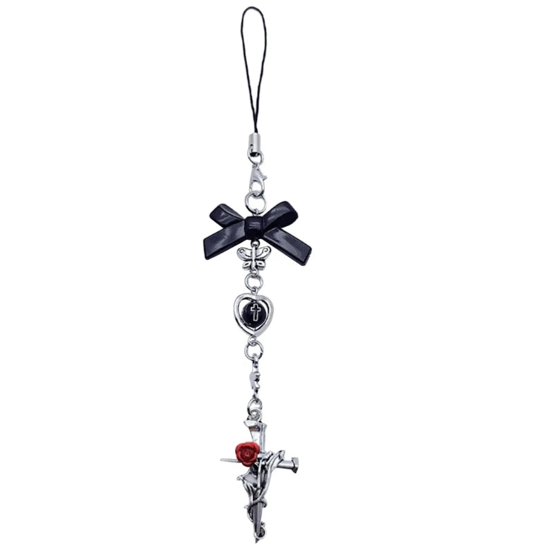 Phone Charm Strap Y2K Keychain Kawaii-Cute Pendant Jewelry Keyring Lanyard String Black Cross-Bow Beaded Chain for Women Girl