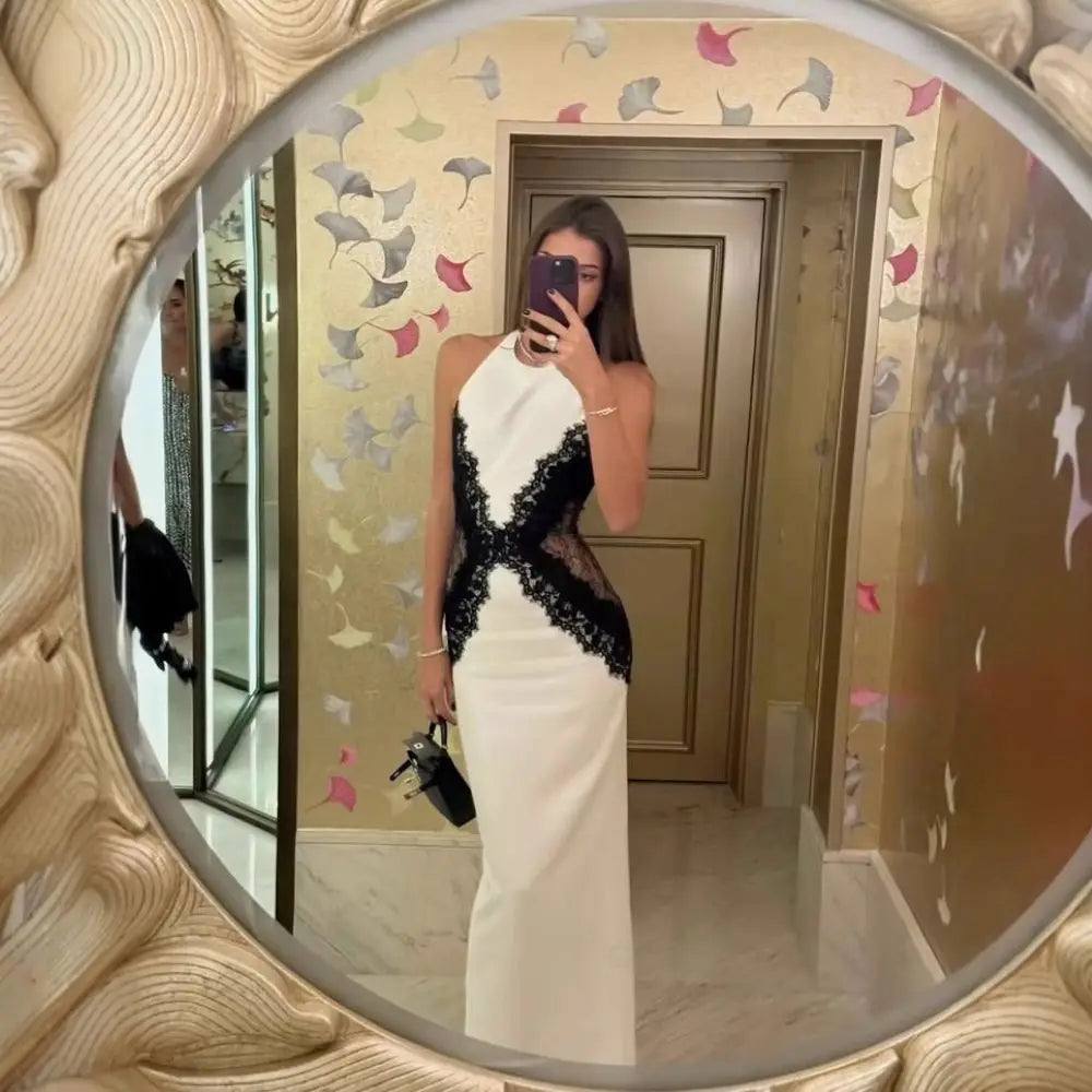 Elegant White Long Dress Women's Halter Backless Casual Black Lace Patchwork Slit Maxi Dresses Evening Party Cocktail Prom 2026