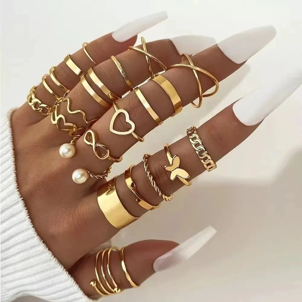 28PCS Boho Element, Geometric Sparkler Vintage Ring Set, Fashion Ring, Heart Design
