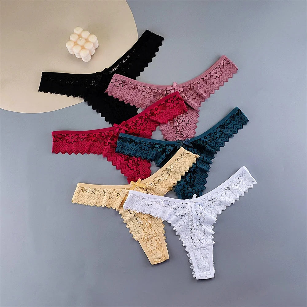 3pcs Women Lace Thong Underwear Pack Transparent Mid-Waist Underpants Female Briefs Ruffles G-strings Plus Size
