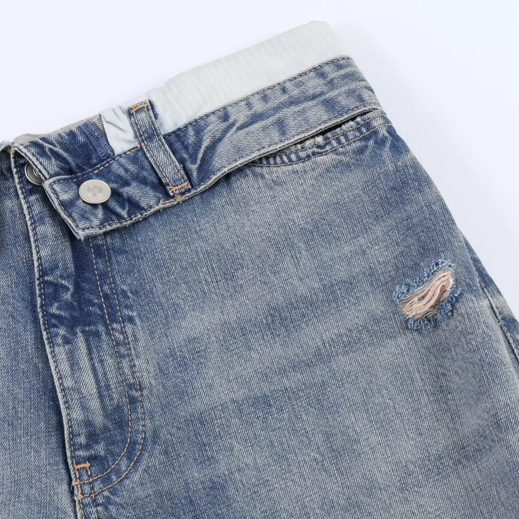 Women Casual Jeans Summer Female Chic Ripped Holes Denim Fashion Mid Waist Flanging Button Streetwear Long Pants lady Trousers