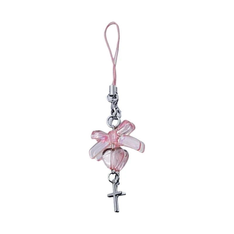 Phone Charm Strap Y2K Keychain Kawaii-Cute Pendant Jewelry Keyring Lanyard String Black Cross-Bow Beaded Chain for Women Girl