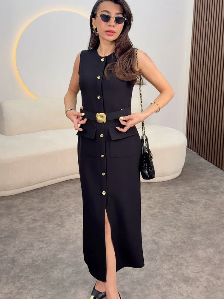 HH 2025 Women's Fashion Office Long Dress With Belt Spring O-Neck Sleeveless Midi Dress Female Elegant Party Dresses