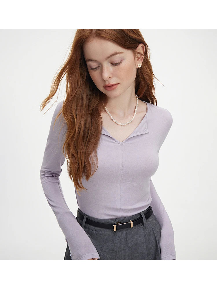 FSLE Autumn Knit Top 2025 New Pullover Casual Long Sleeve Sweater For Women V-Neck Slim Cotton Grey Pullover Beige Chi Topc