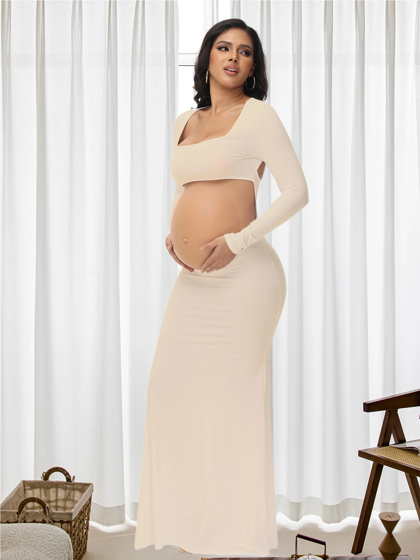 Maternity Sexy Bodycon Dresses Pregnant Photo Dress Square Neck Long Sleeve Wedding Party Pregnant Clothes