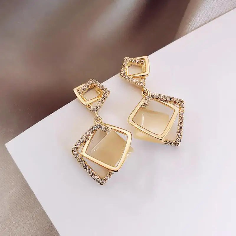 925 Silver Needle Korean Fashion Rhombus Drop Earrings For Women Jewelry 2026 Trending Luxury Crystal Cat's Eye Stone Earrings