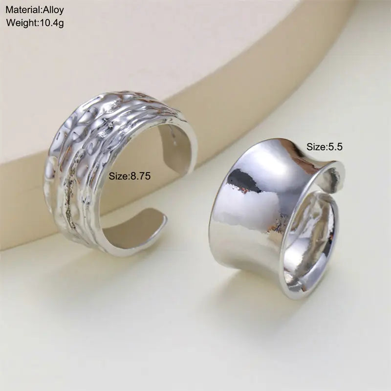 2pcs/set Punk Metal Curved Smooth Open Adjustable Ring for Women Men Simple Silver Color Rings Set Hip Hop