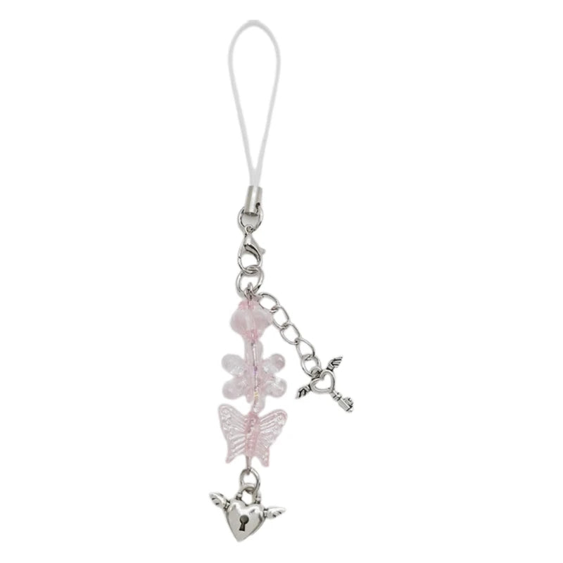 Phone Charm Strap Y2K Keychain Kawaii-Cute Pendant Jewelry Keyring Lanyard String Black Cross-Bow Beaded Chain for Women Girl