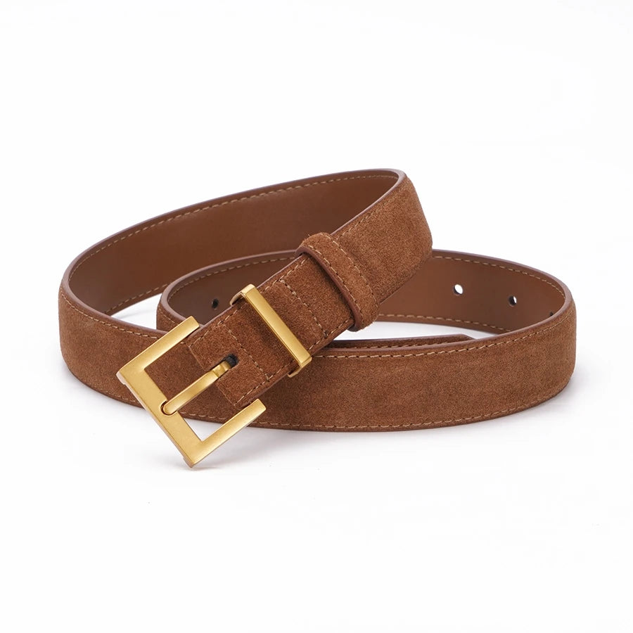 2024 New Double Genuine Leather Belt for Women, Cowhide Suede Belts with Trendy Square Alloy Buckle, Ideal for Dresses and Jeans