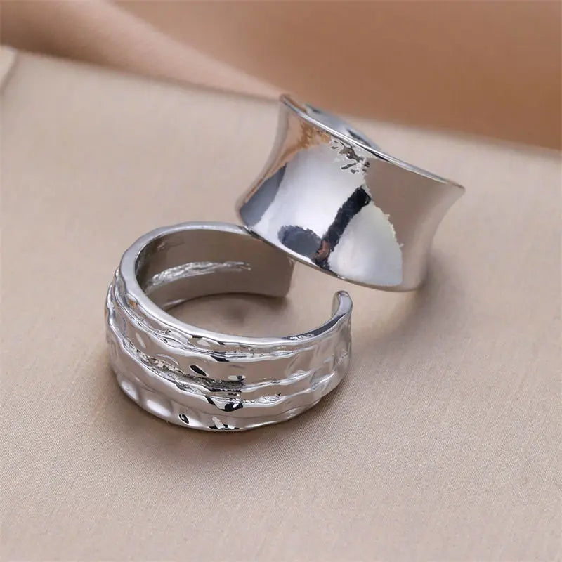 2pcs/set Punk Metal Curved Smooth Open Adjustable Ring for Women Men Simple Silver Color Rings Set Hip Hop