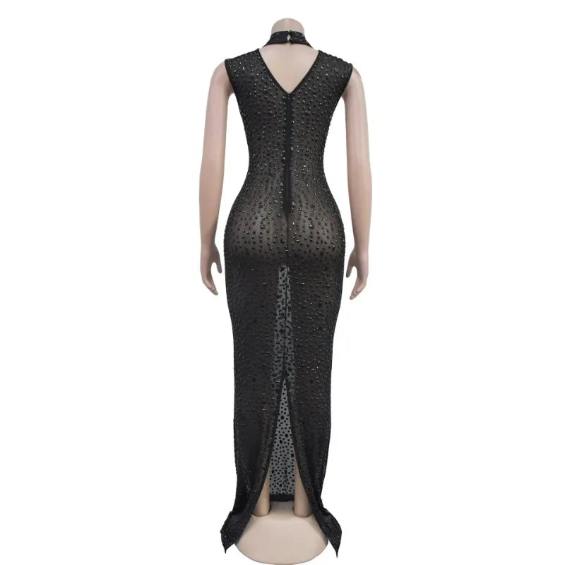 2026 Fall Diamonds Hot Rhinestones O-neck Women Sleeveless Bodycon Long Dress Birthday Party Evening Prom Maxi Dresses
