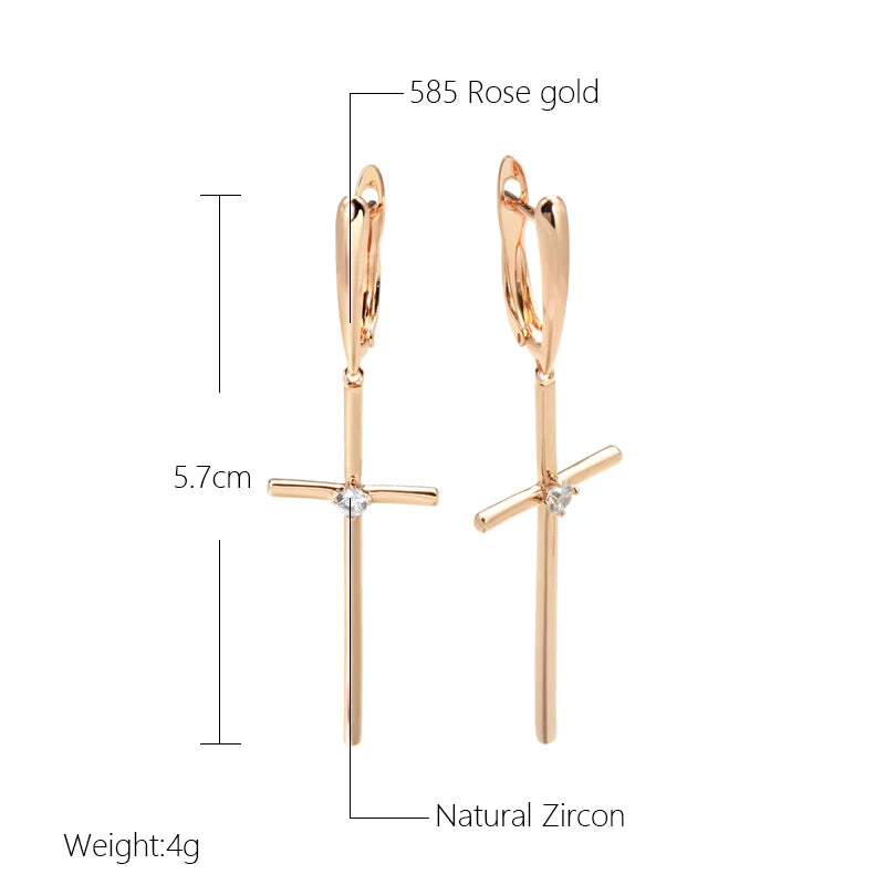 Kinel Hot 585 Rose Gold Color Glossy Cross Long Drop Earrings For Women Fashion Natural Zircon Accessories Religion Jewelry