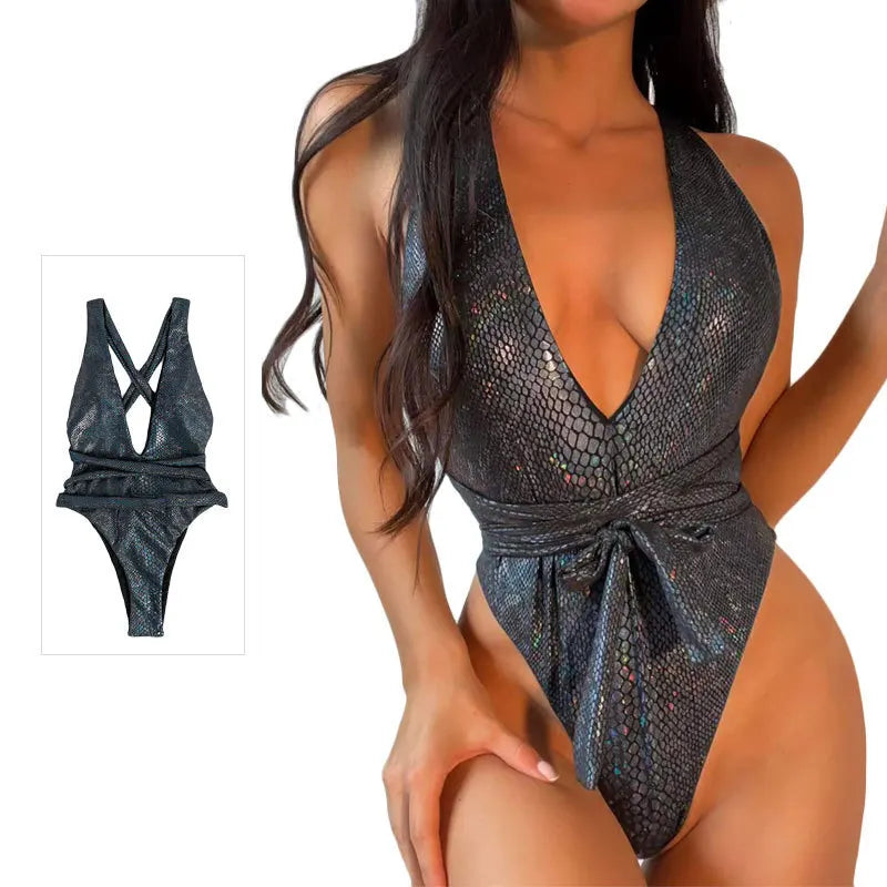New One-Piece Swimsuit For Women Sexy Deep V-Strap Tight Swimsuit Durable Backless Foreign Trade Swimsuit