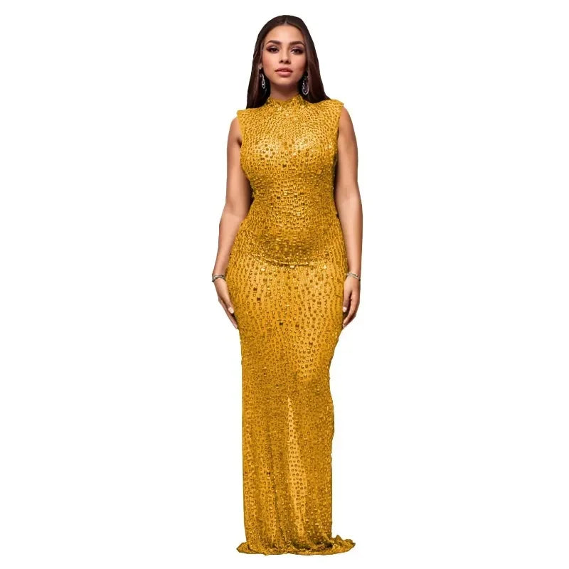2026 Fall Diamonds Hot Rhinestones O-neck Women Sleeveless Bodycon Long Dress Birthday Party Evening Prom Maxi Dresses