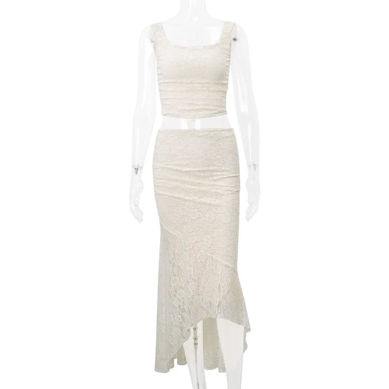 Gtpdpllt Elegant Lace Two Piece Set Women Irregular Long Skirt And Corset Top French Style Bodycon Dress Matching Sets