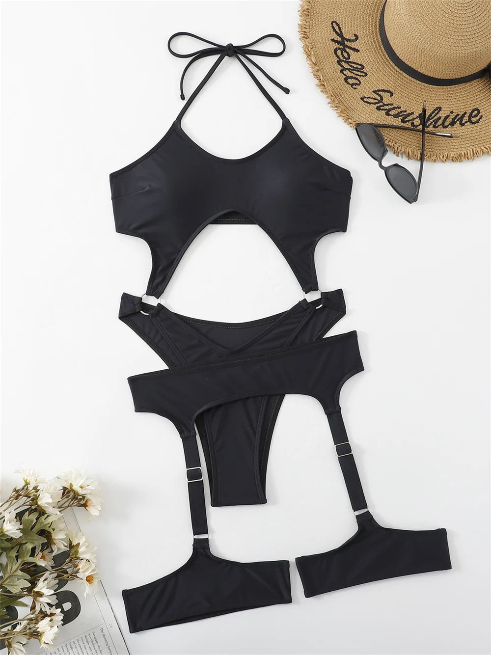 Sexy High Cut Bikini Black Y2K Punk Extreme Monokini Swimsuit Halter Push Up Swimwear Women Beach Outfits Bodysuit Bathing Suits