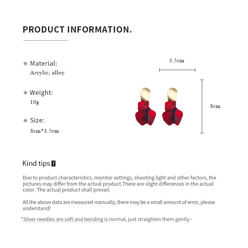 Solid Color Twisted Smooth Rose Flower Petal Dangle Earrings for Women Vintage Fashion Elegant Large Piece Exaggerated Jewelry