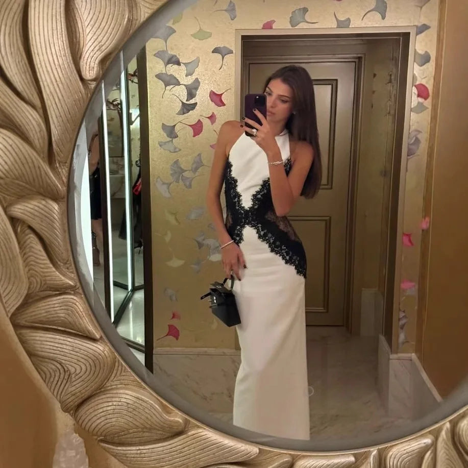 Elegant White Long Dress Women's Halter Backless Casual Black Lace Patchwork Slit Maxi Dresses Evening Party Cocktail Prom 2026