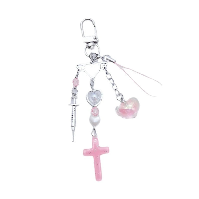 Phone Charm Strap Y2K Keychain Kawaii-Cute Pendant Jewelry Keyring Lanyard String Black Cross-Bow Beaded Chain for Women Girl