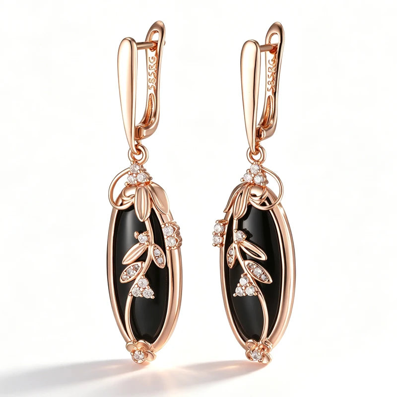 Kinel Hot Sparkling Black Natural Zircon Long Drop Earrings Women 585 Rose Gold Color Vintage Wedding Party Fine Daily Jewelry