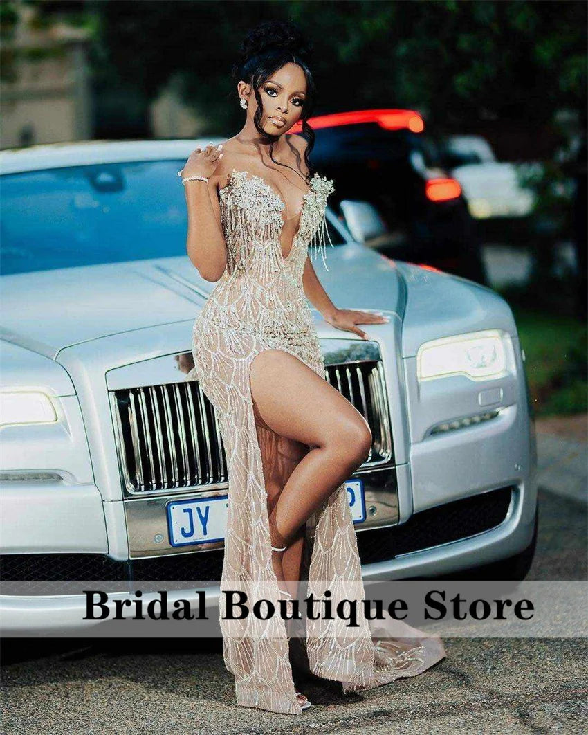Luxury Champagne Prom Dresses Bead Crystals Diamonds Tassels Side Split Birthday Party Wedding Party Gown Vestidos Customized