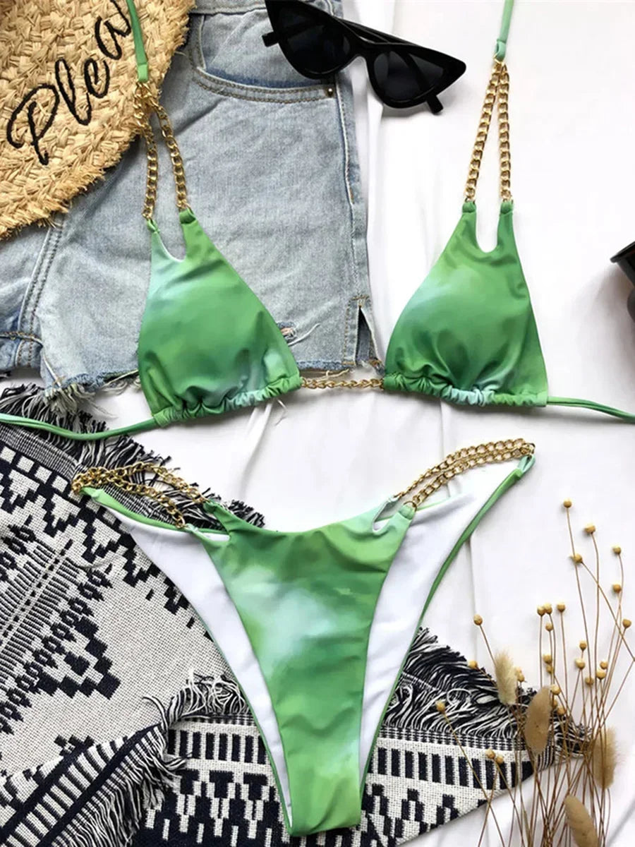 Sexy Halter Metal Chains Brazilian Bikini 2025 Women Swimsuit Female Swimwear Two Pieces Bikini Set Bathing Suit Swim Beach Wear