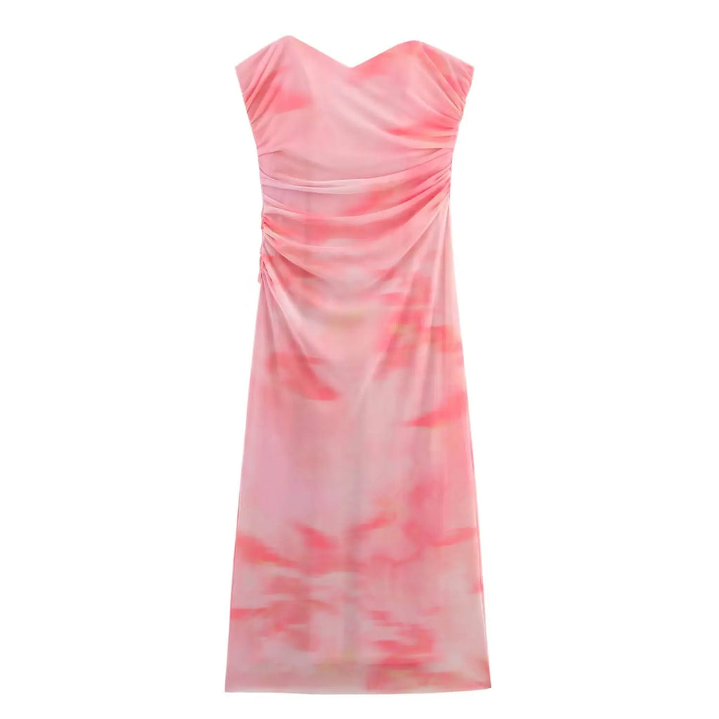 HH Women Summer Beach Style Dresses Strapless Sleeveless Pleated Zipper Female Printed Split Hem Tulle Backless Midi Dress