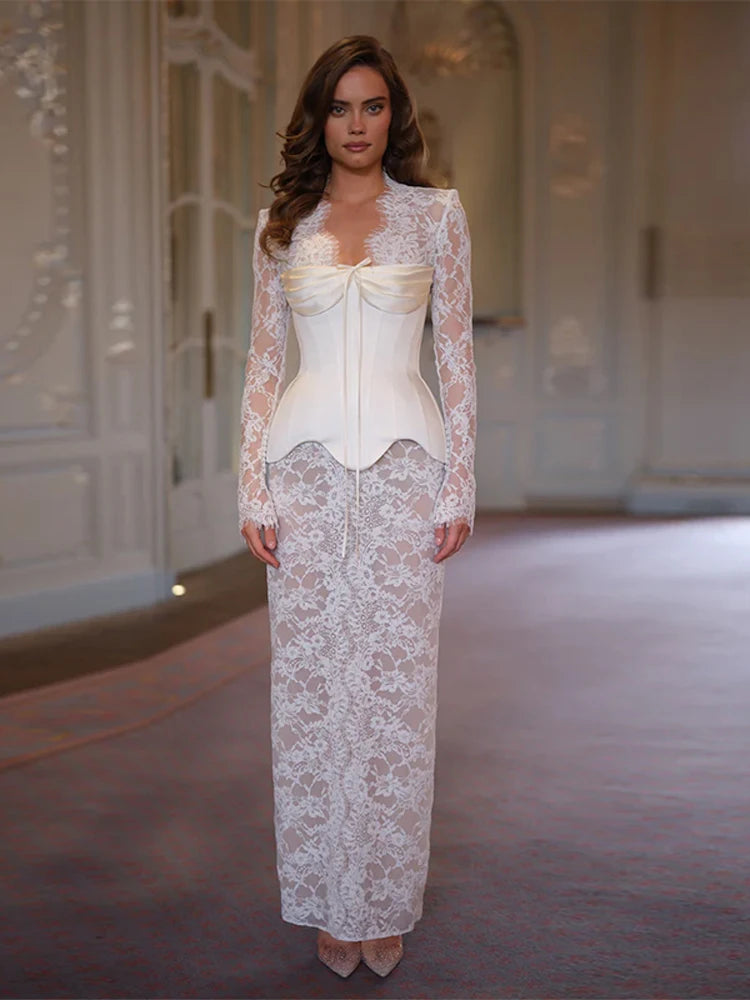 Lace Sheer Sweetheart Neck Maxi Dress Long Sleeve Corset Waist Mermaid Hem Bridal Gown 2026 Summer Elegant Form-Fitting Dresses