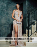 Luxury Champagne Prom Dresses Bead Crystals Diamonds Tassels Side Split Birthday Party Wedding Party Gown Vestidos Customized