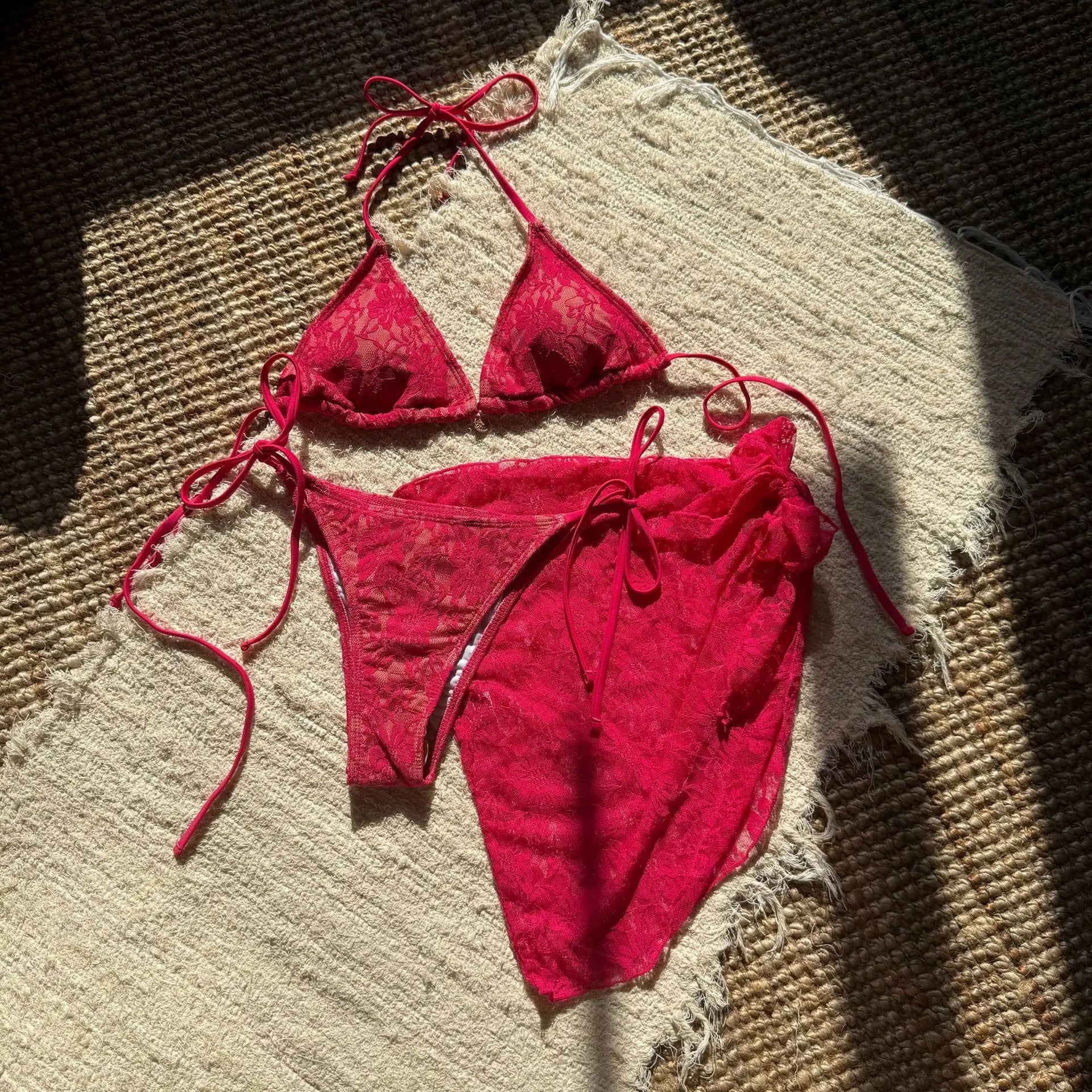 Sexy 3 Piece Lace Bikini Sets Women Swimwear with Lace Pants Micro Swimsuit Beachwear Bathing Suit