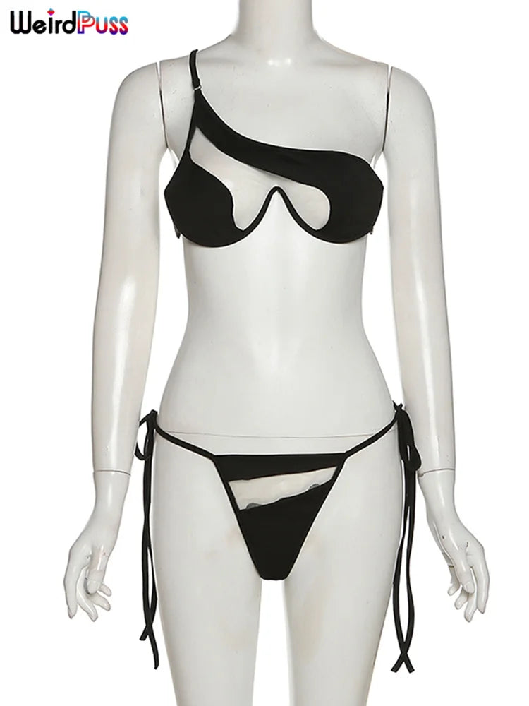 Weird Puss Beach Style Women Bikini 2 Piece Set Sexy Mesh Patchwork One Shoulder Bra Top+Bandage Briefs Vacation Trend Clubwear