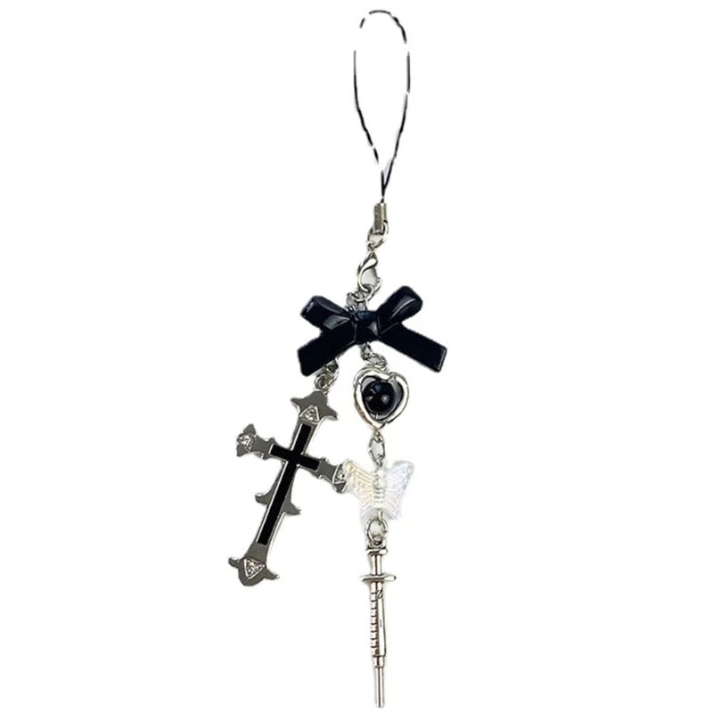 Phone Charm Strap Y2K Keychain Kawaii-Cute Pendant Jewelry Keyring Lanyard String Black Cross-Bow Beaded Chain for Women Girl